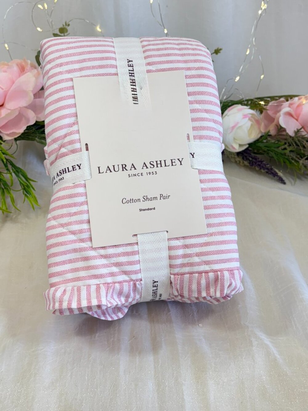 Laura Ashley Ruffled Pink Oxford Stripe Quilted Standard Pillow 2 Shams Chic